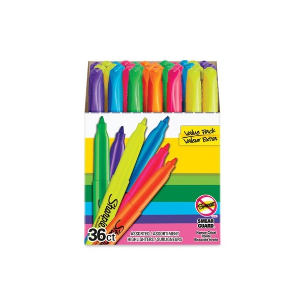 POCKET STYLE HIGHLIGHTERS, CHISEL TIP, ASSORTED COLORS, 36PK